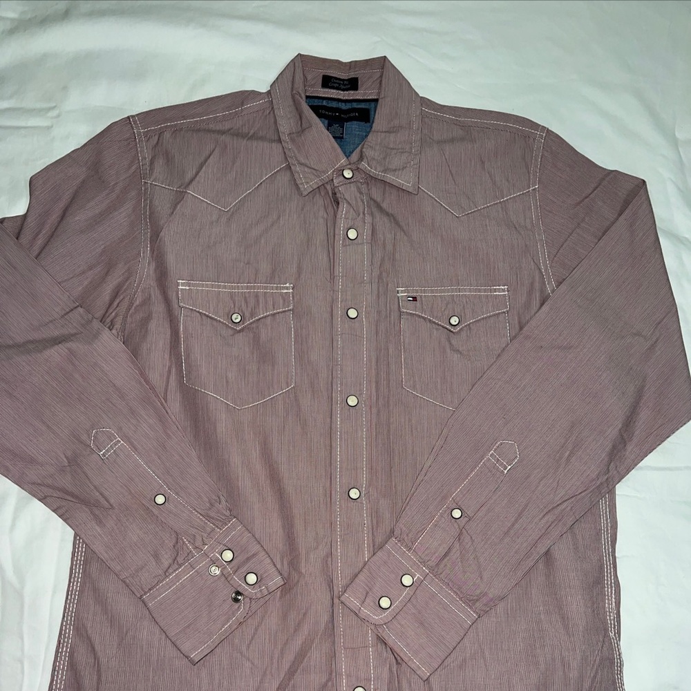 Tommy Hilfiger Shirt Adult Small Long Sleeve Pearl Snap Button Down